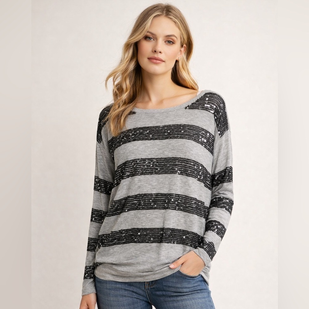 JOIE White Gray  with sequence Boat Neck Lightweight Sweater SIZE SMALL